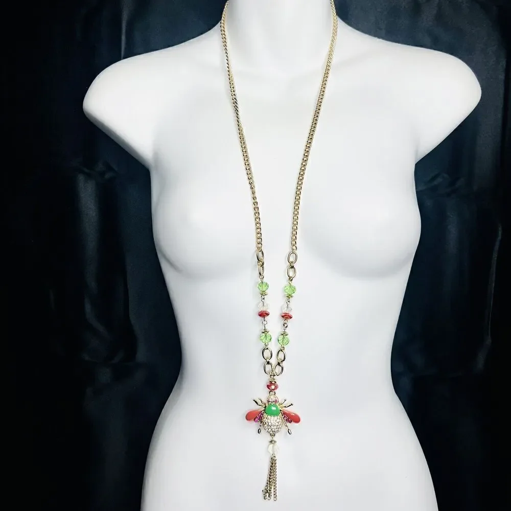 Whimsical BUMBLE BEE Pink Green Rhinestone Enamel Crystal Pendant Necklace